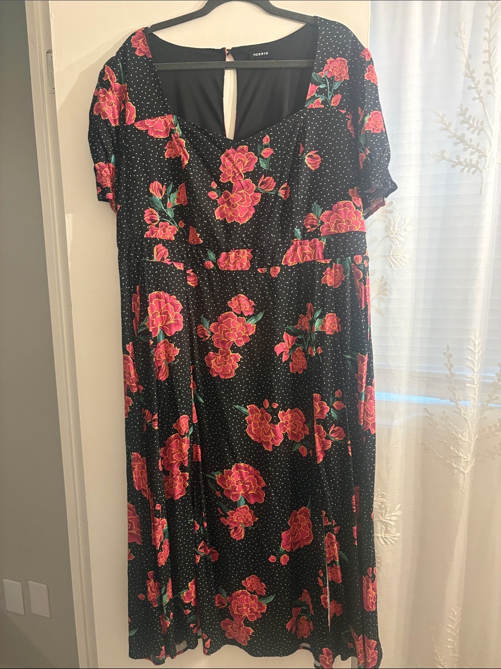 torrid Black Midi Dress with Pink Floral Print